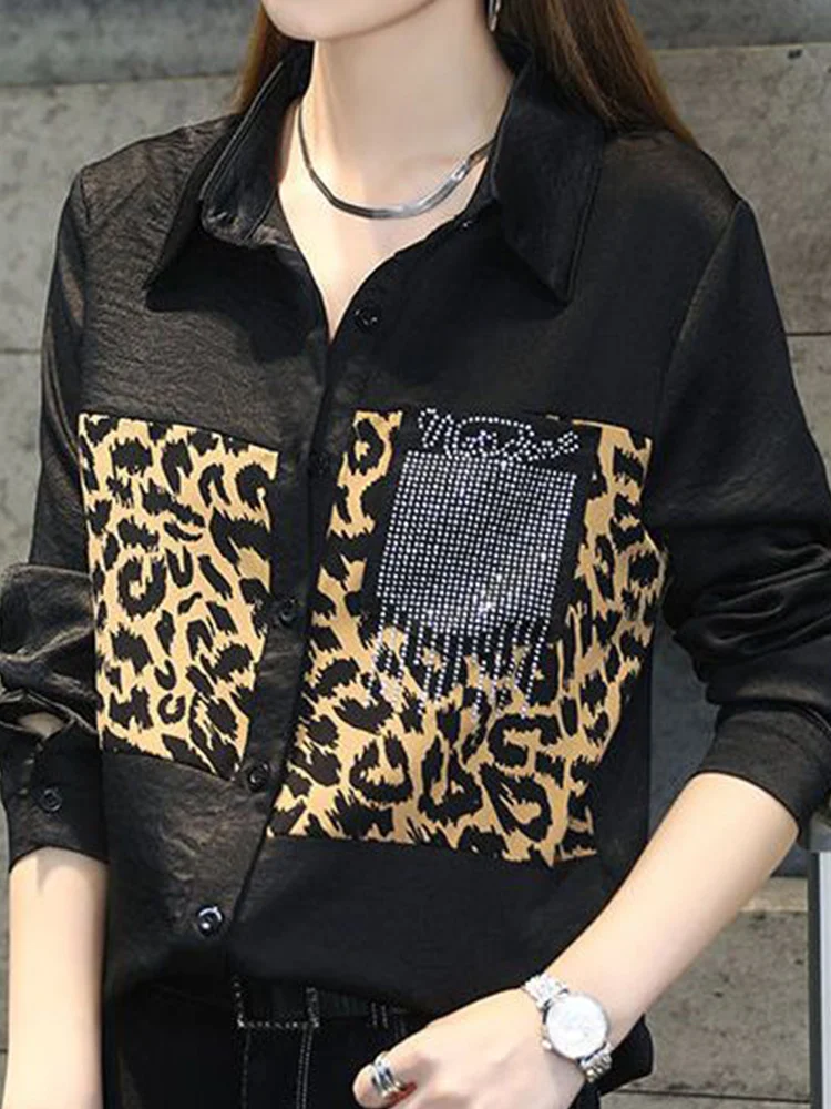 Spring Autumn Streetwear Leopard Printed Casual Fashion Blouse Ladies Long Sleeve Harajuku Y2K Cardigan Top Women Diamons Blouse