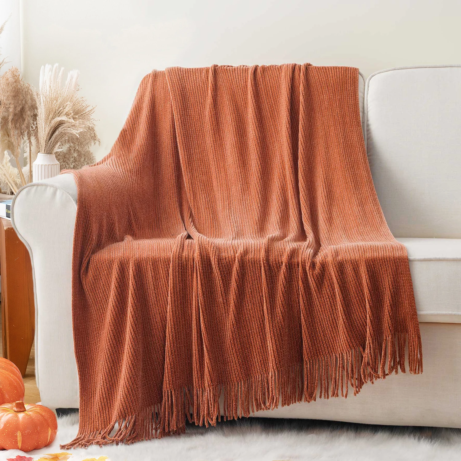 Battilo Chenille Knit Blankets with Tassels Caramel Plaid Throw Blanket for Bed Couch Decorative Sofa Blanket Bedroom Fall Decor