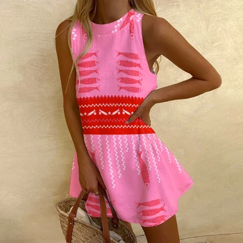Vestido feminino sem mangas com estampa de sardina, marca de luxo, moda elegante, praia, linha rosa, vestidos curtos para meninas, roupas femininas