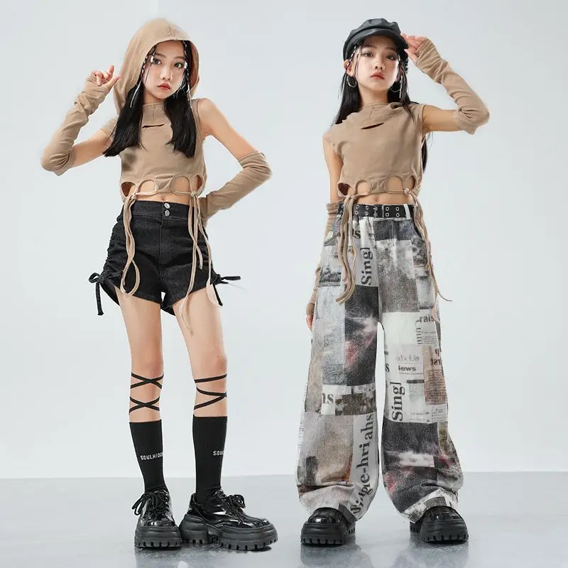 Children Jazz Stage Costume Girls Hip Hop Dance Outfit Kpop Performance Clothes Kids Street Dance Suit Top Skirt Shuffle Pants