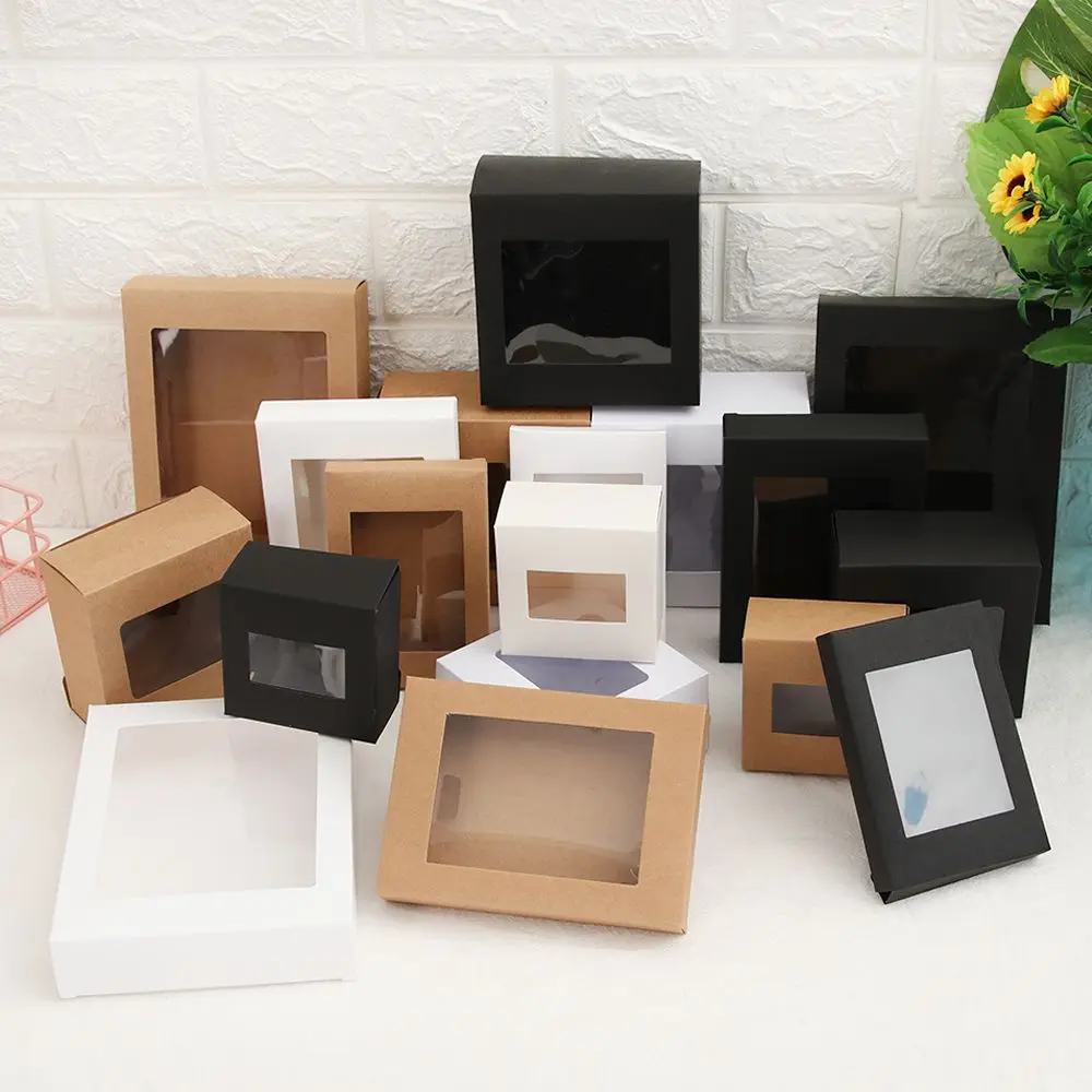 10Pcs DIY Kraft Paper Gift Box Cake Package with Clear PVC Window Candy Wrapping Bag Wedding Birthday Party Favors Package Box