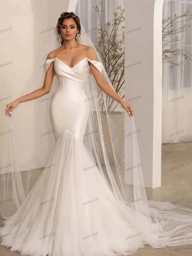 Klassische Brautkleider, elegante Brautkleider, V-Ausschnitt, Satin, Faltenroben, schulterfrei, Roben, hübsche Vestidos de Novia, individuell gestaltet