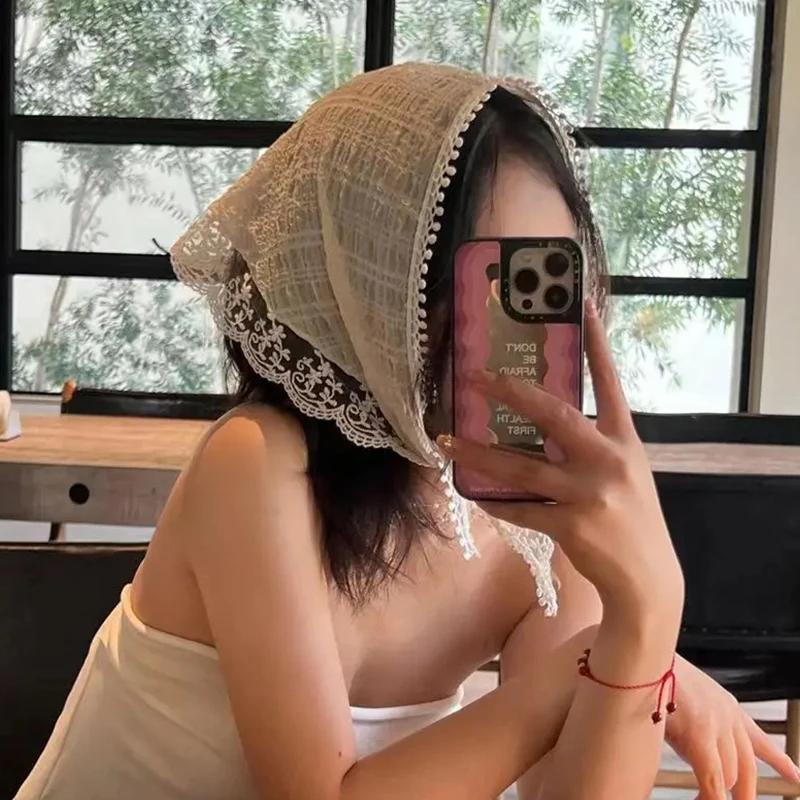 Hijab femminile avvolgere la testa triangolo mare foto Hijab coreano Hijab Xinjiang viaggio indossare Hijab pizzo bianco