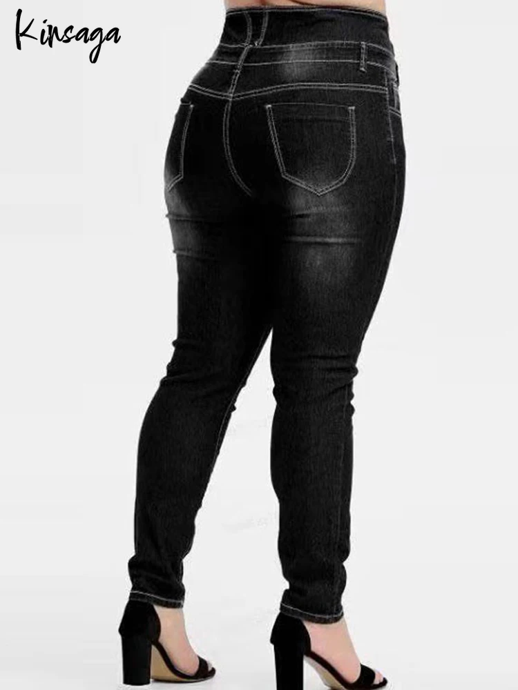 Plus Size Button Up Black Bodycon Long Pencil Jeans 4XL 5XL Women Spring High Waist Stretch Skinny Denim Pants Casual Trousers