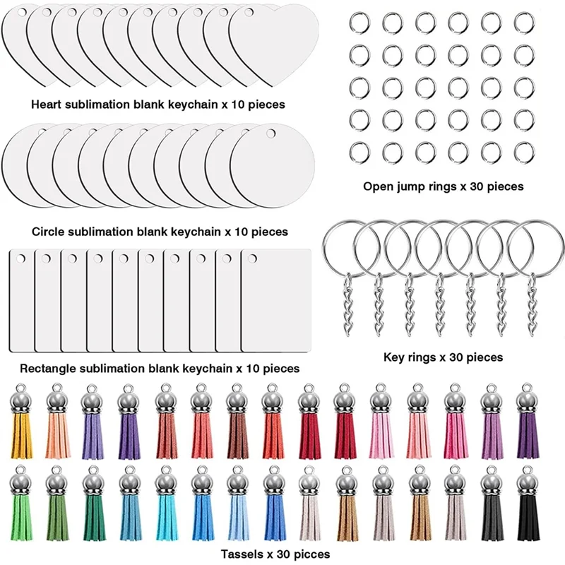 Sublimation Key Ring Blanks Set With Heat Transfer MDF Blank 3 Shapes Tassels Pendant Jump Rings Key Ring With Chain Set Kit