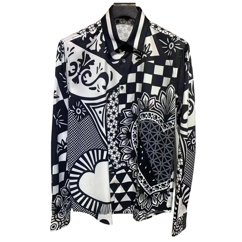 

2024 Luxurious full width geometric heart printed shirt for men casual long sleeved shirt fashionable high-quality trendy