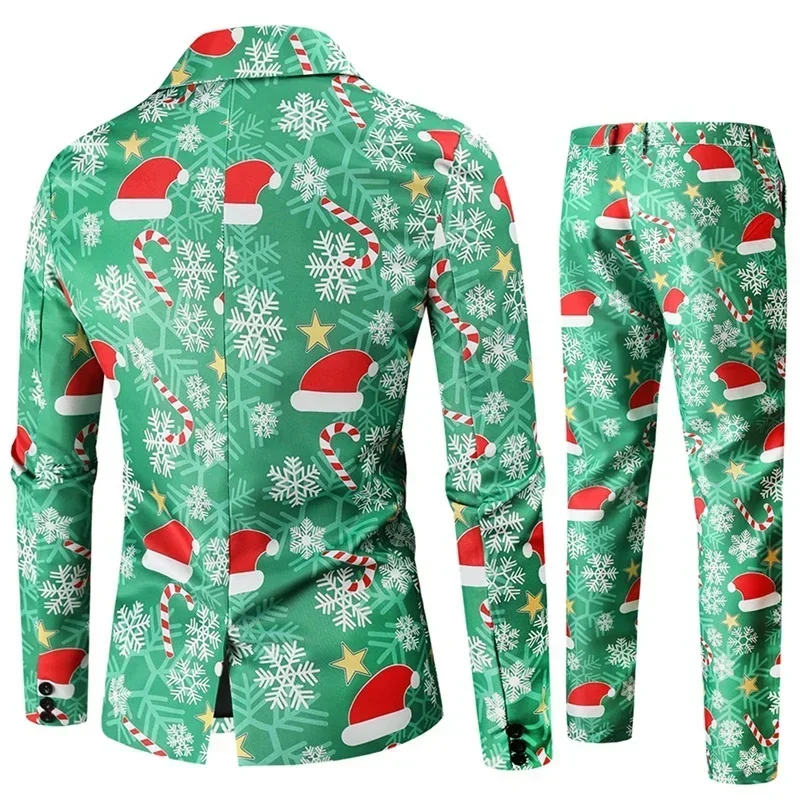 Men Tuxedo Suits Christmas 2 Piece Regular Fit Suit Snowflake Santa Print Blazer Jacket Pants Suit Set Party Outfits