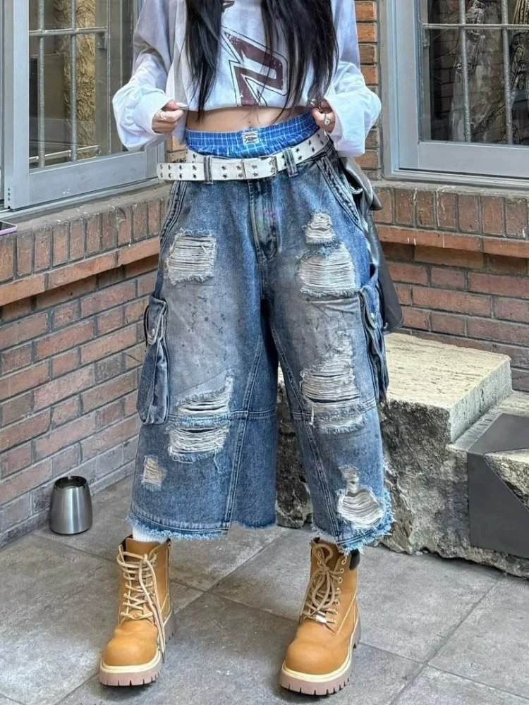 Deconstructed Washed Ripped Denim Shorts Unisex American Vintage Distressed Curved Hem Mid Length Loose Fit Y2K