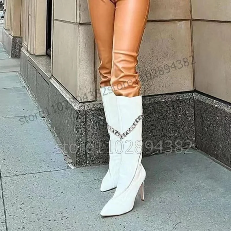 

White Patent Leather Chain Decor Pointed Toe Boots Side Zipper Women Shoes Thin High Heels Novel Runway 2023 Zapatos Para Mujere