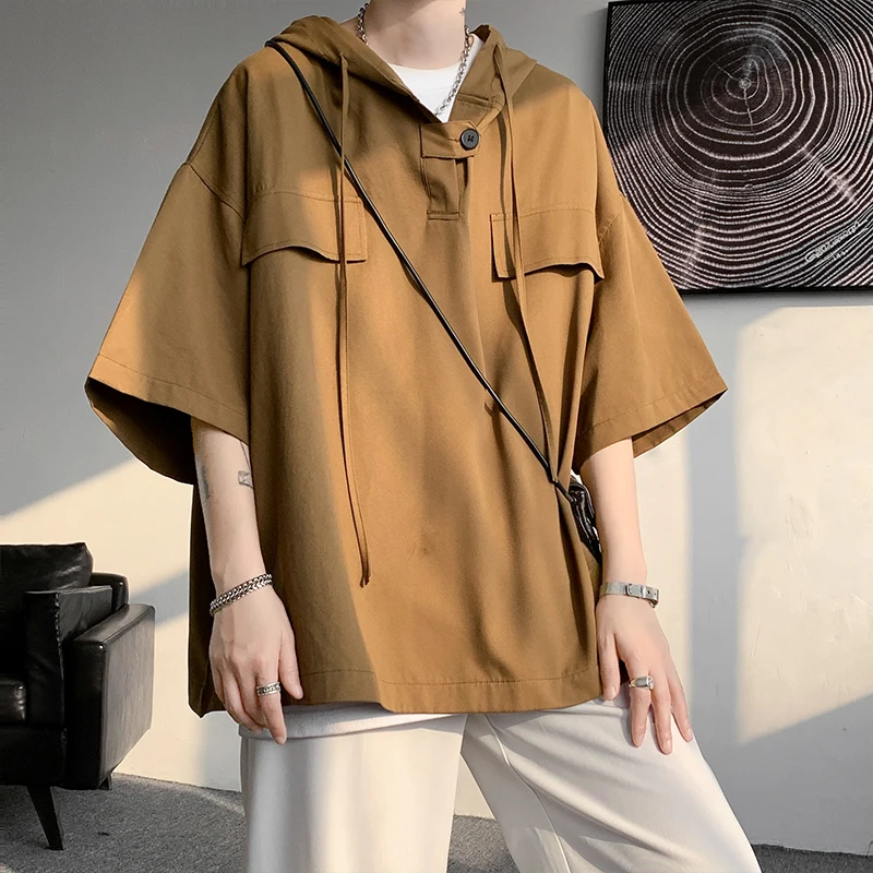 5 Colors Summer Hooded T shirt Men Korean Half Sleeve Pullover Streetwear Loose T-shirt Tops Drawstring Men Clothing