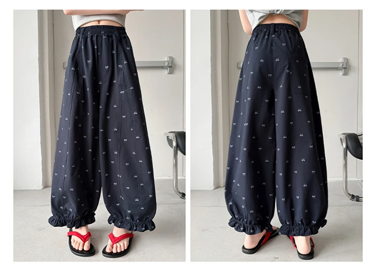 Elegante Kinder-Freizeithose mit Rüschen und Schleife für Mädchen im Alter von 5, 6, 8, 10, 12, 14 Jahren, Marineblau – Detail 2
