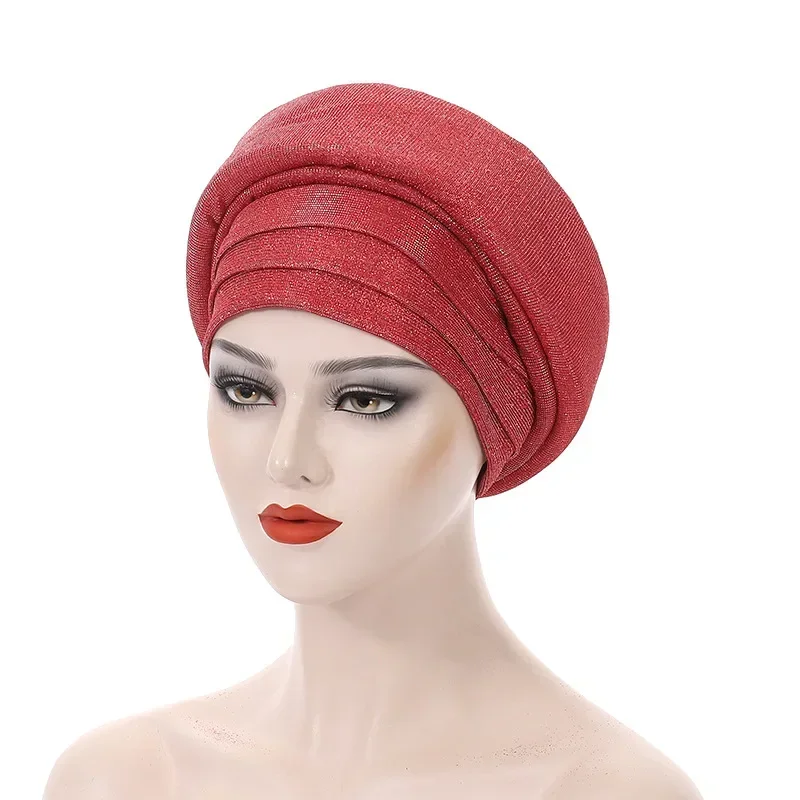 2025 Glitter Pleated Women Turban Cap Hijab African Auto Gele Headtie Female Head Wraps Nigeria Wedding Party Headpiece Turbante