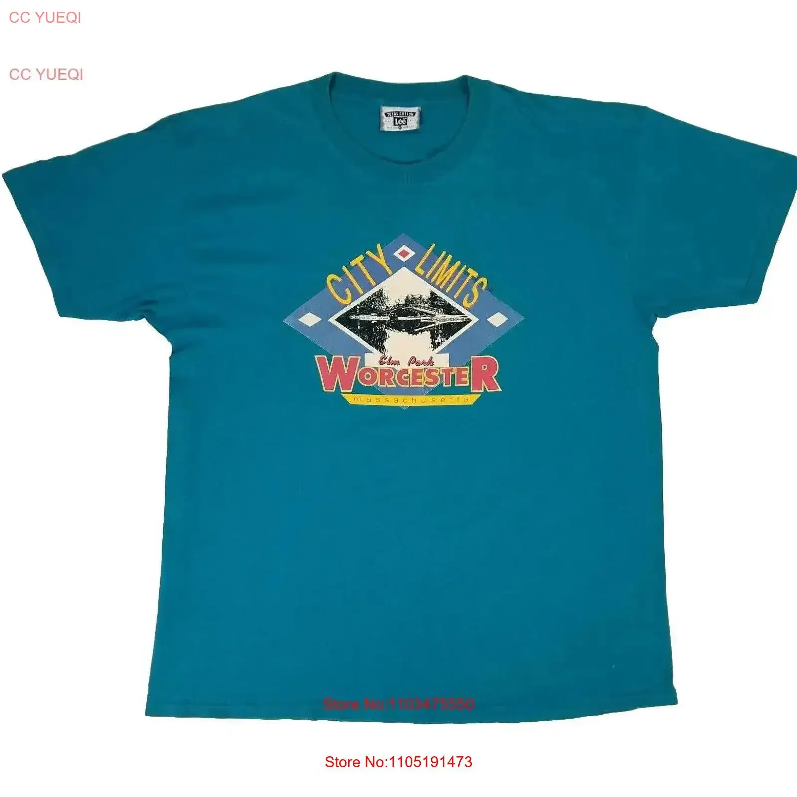 Vintage WORCESTER MA City Limits Elm Park 1990's Era Turquoise Blue T Shirt XL vintage Washed Slightly Stretched Casual