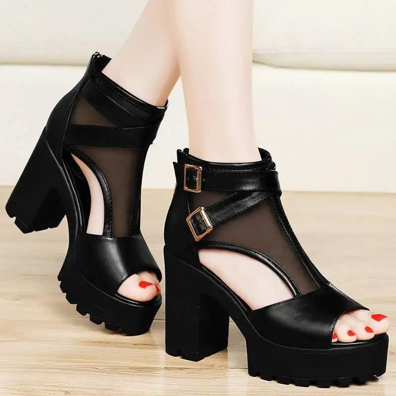 

Summer New Women's Shoes Fashion Fish Mouth Mesh Breathable Coarse Following High Heel Sandals Fashion Metal Buckle Decoration