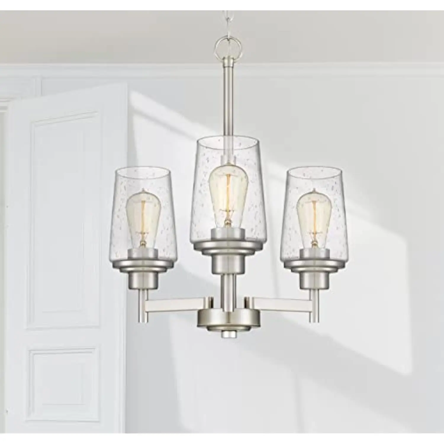 

Jacob Modern 3-Light Chandelier Pendant Ceiling Light Brushed Nickle Seed Glass Adustable Height for Hallway, Entryway, Pass