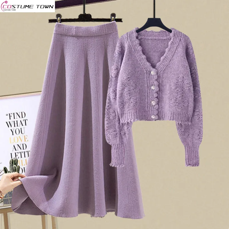 2024 autumn and winter new women\'s clothing Korean version slim fit knitted sweater+half skirt two-piece set trendy