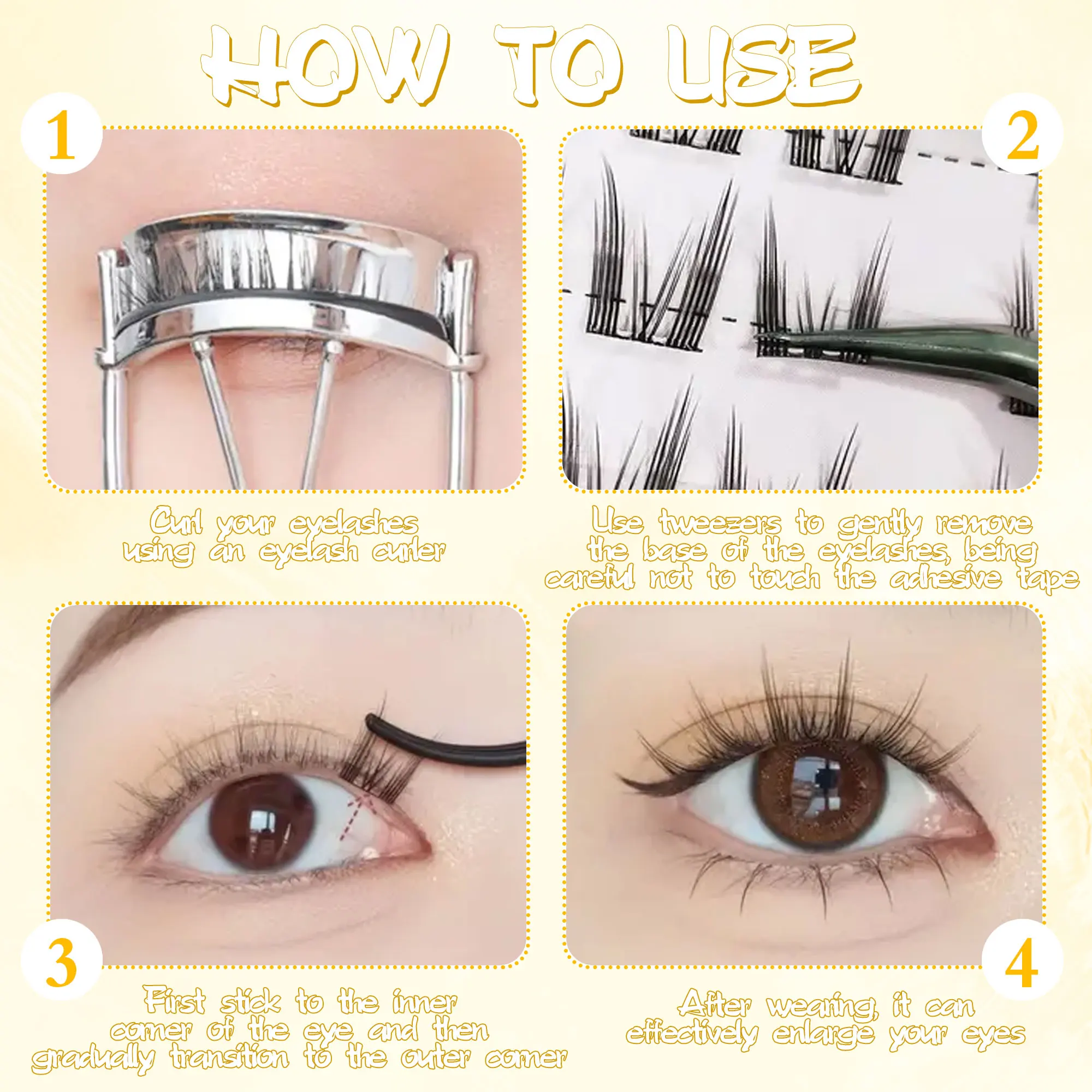 6 linhas de extensões de cílios sem cola - reutilizáveis, adequadas para iniciantes, aparência natural e charmosa, estilo boneca/olho de gato