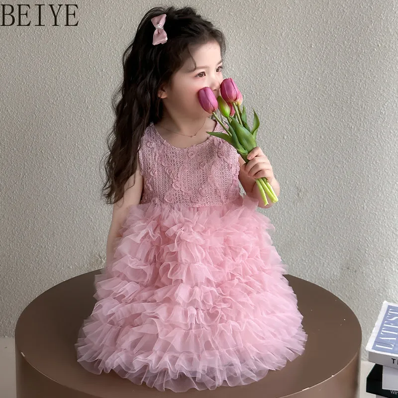 

Cute Pink Baby Girls Tutu Dress Sleeveless Lace Floral Ruffle Tulle Dress for Kids Birthday Party Wedding Photoshoot Dress