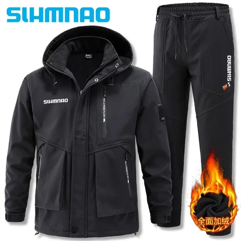 2025 Popular Men's Velvet Jacket and Pants, Winter Outdoor Warm Fishing Suit, Skiing and Mountaineering SHMANO Bicycle Set