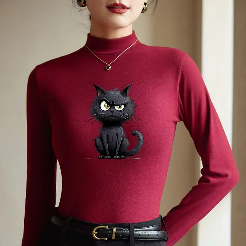 Winter Women's Thermal Brushed Fleece Half Mock Neck Long Sleeve T Shirt Grumpy Black Cat Angry Graphic Warm Tee