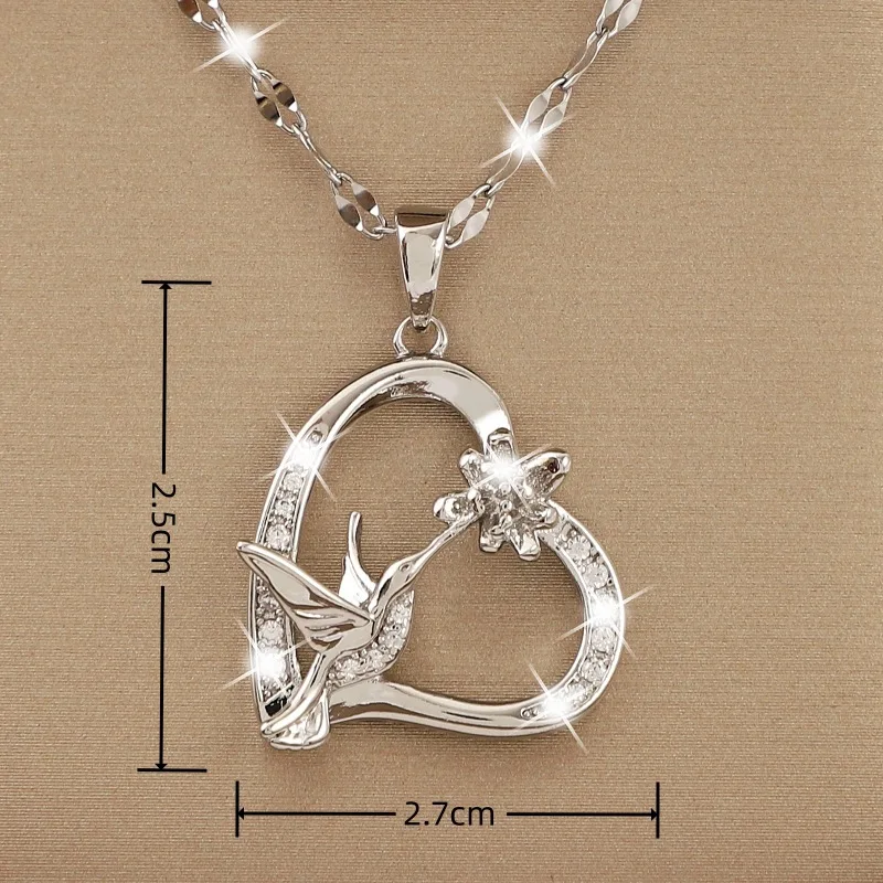 White Zircon Love Heart Pendant Unique Hummingbird Flower Necklaces For Women Trendy Silver Color Chain Animal Jewelry Accessory