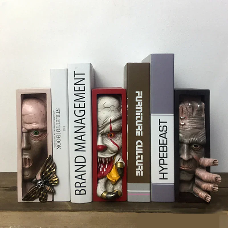 Resin Peeping On The Bookshelf Creative Bookshelf Library Scary Ghost Face Bookend Home Decor Desktop Ornament Gift Figurines