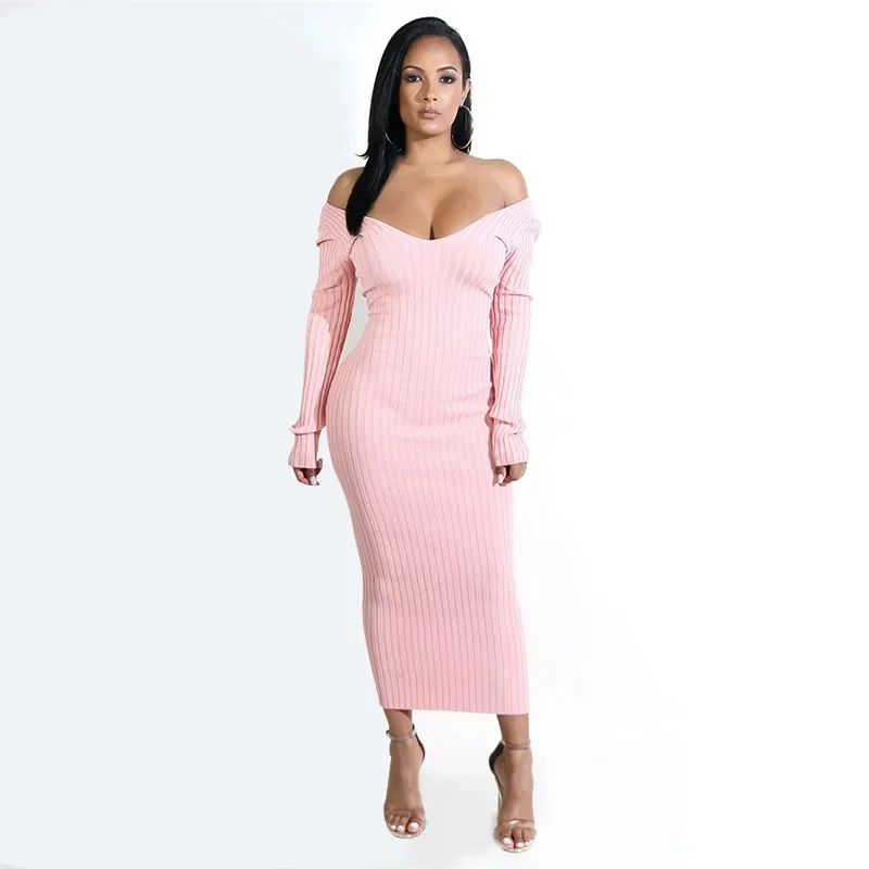 Sexy Knitted Long Sleeved Backless V-neck Dress Fashion Women Winter Stripe Long Evening Dresses Solid Color Lady Vestido 30366