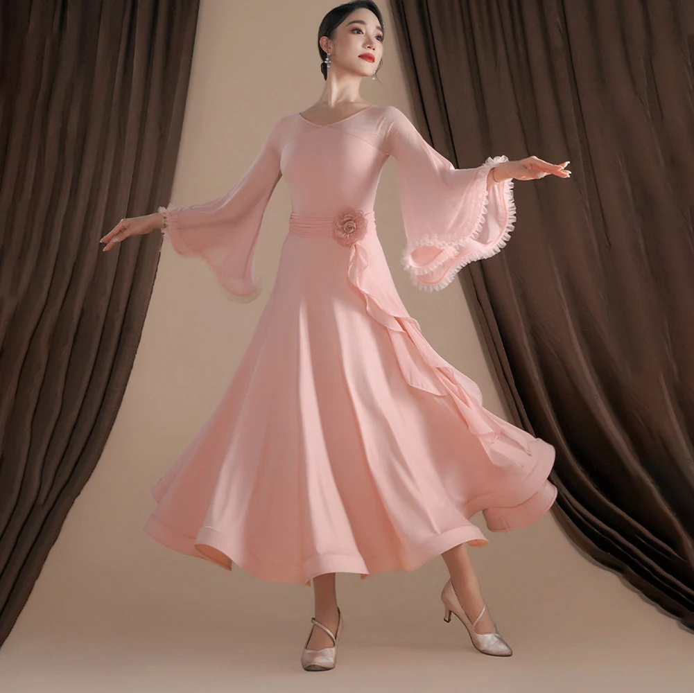 Elegant Waltz Women's Dance Wear Three-Dimensional Flower Ballroom Dance Training Wear Long Sleeve Pink Black Fashion New Dress