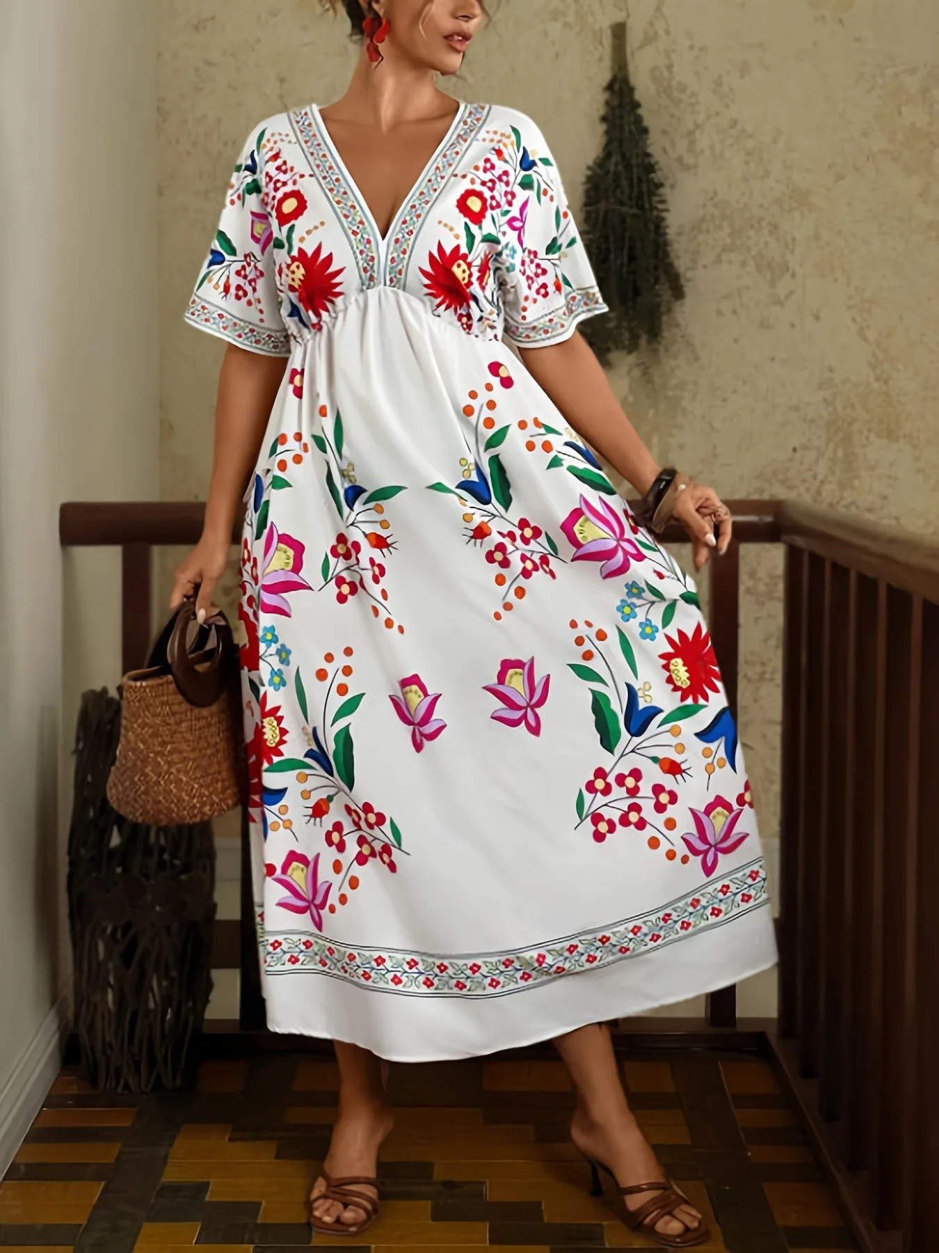 

2026 New Cosplay Women's Bohemian Ethnic Style Dress XL-5XL Printed Holiday Beach Skirt Loose and Comfortable V-neck Long Dress