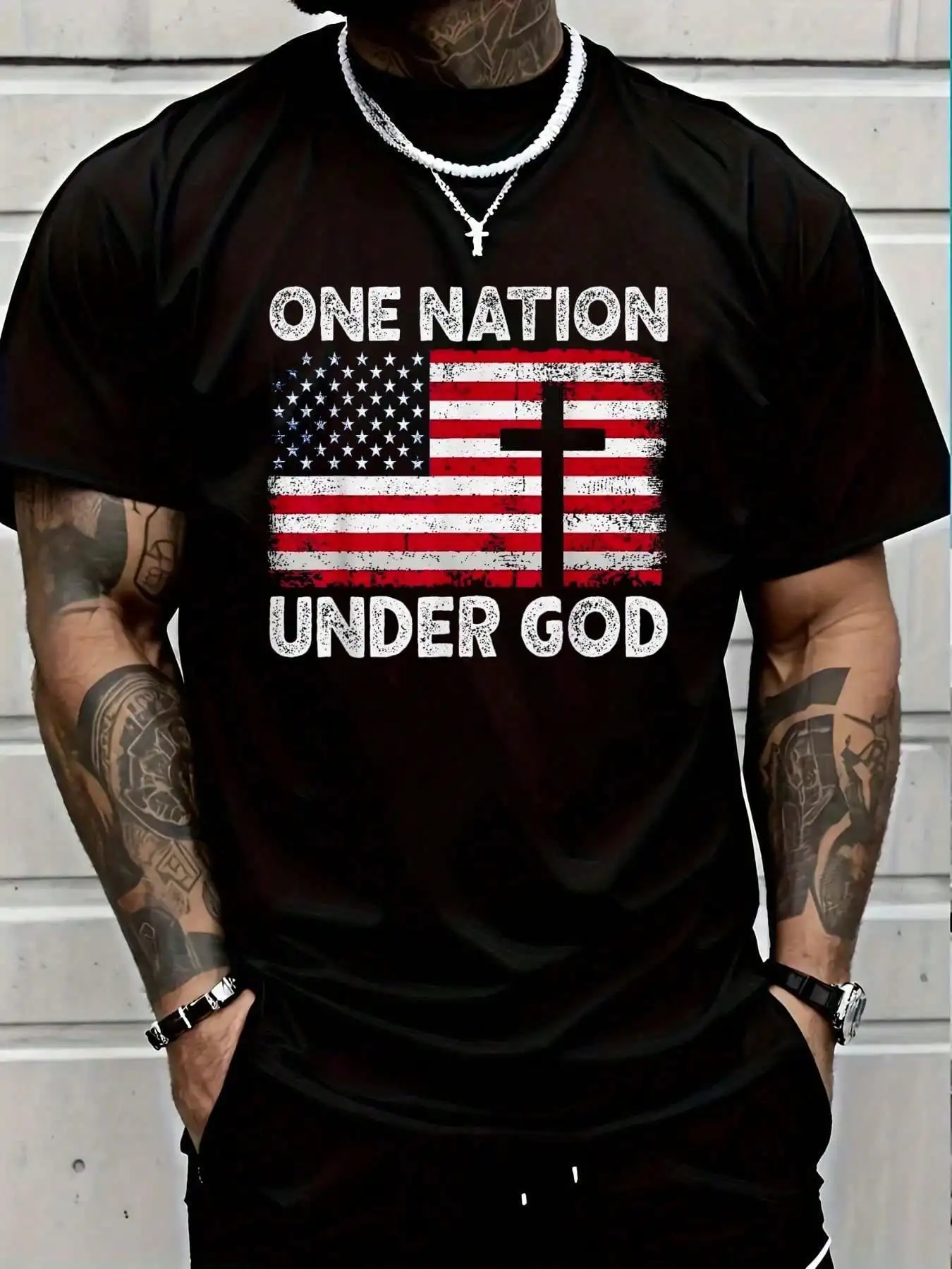 100% Cotton Casual Tshirt ONE NATION UNDER GOD Flag 4th Of July Patriotic Christian T-Shirt Women's Men Graphic Tee
