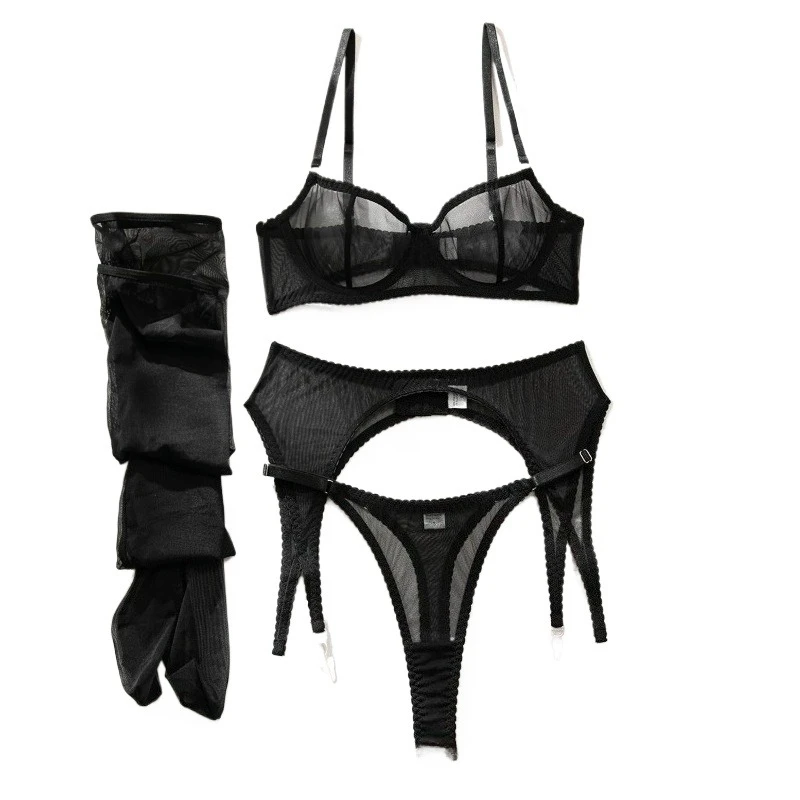

Sexy Mesh Lingerie Set with Garter Belts Stockings Fancy Erotic Clubwear Tempted Underwear for Women Sissy See Through Bra Sets