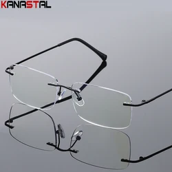 Men's Anti Blue Light Blocking Reading Glasses Cut Frameless Metal HD Lens Eyewear Women Prescription Presbyopic Glasses +400