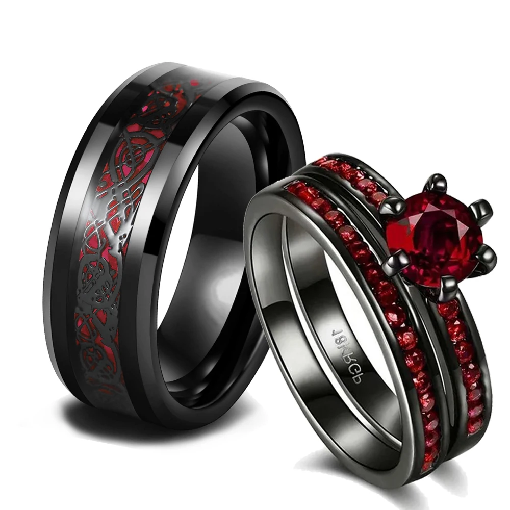 Fashion Couple Rings Romantic Red Rhinestones CZ Women Rings Set Trendy Men's Stainless Steel Celtic Dragon Ring Wedding Jewelry