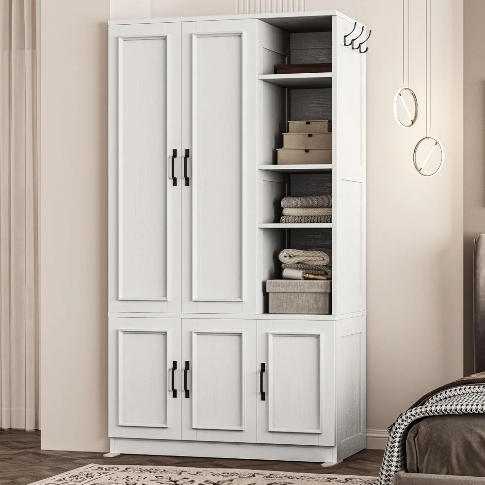 Wardrobe Closet with 5 Doors and 4 Storage Open Shelves 70