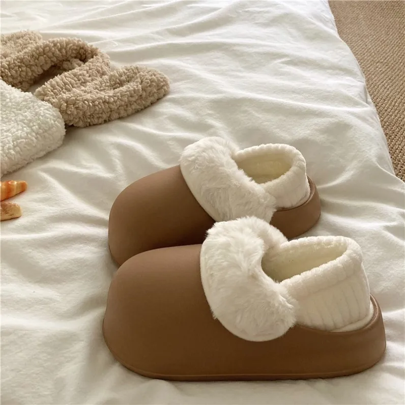 

Waterproof Cotton Slippers Women's Thi Bot Warm INS Winter Wear Fur Slippers Two-Way Wear Removable oe EVA Sole