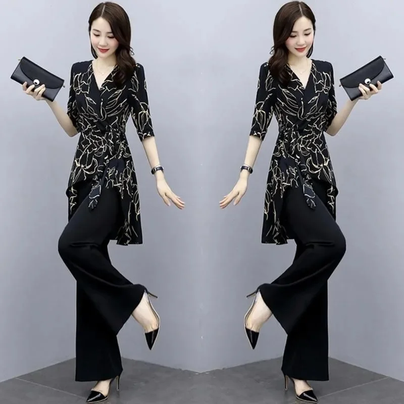 Oversize Women Summer Clothing Set Fashion High Waist Wide Leg Pants & Irregular Hem Tops Two Pieces Suits Good Quality