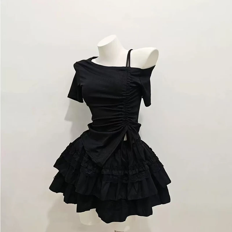 

2026 New Summer Lace Patchwork 2 Piece Set Tulle Skirt Sexy Slash Neck Shirring Short Sleeve Y2K High Waist Sweet Top Set