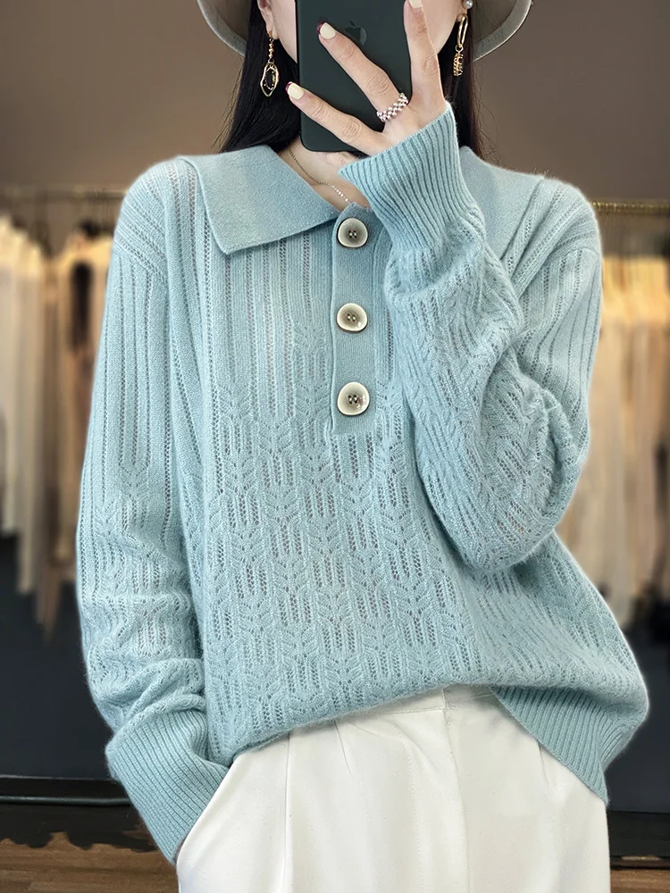 

Cashmere Sweater Women's POLO Collar Pullover Spring And Autumn Hollow Knit Long Sleeve T-Shirt Top 100% Pure Wool Casual Jacket