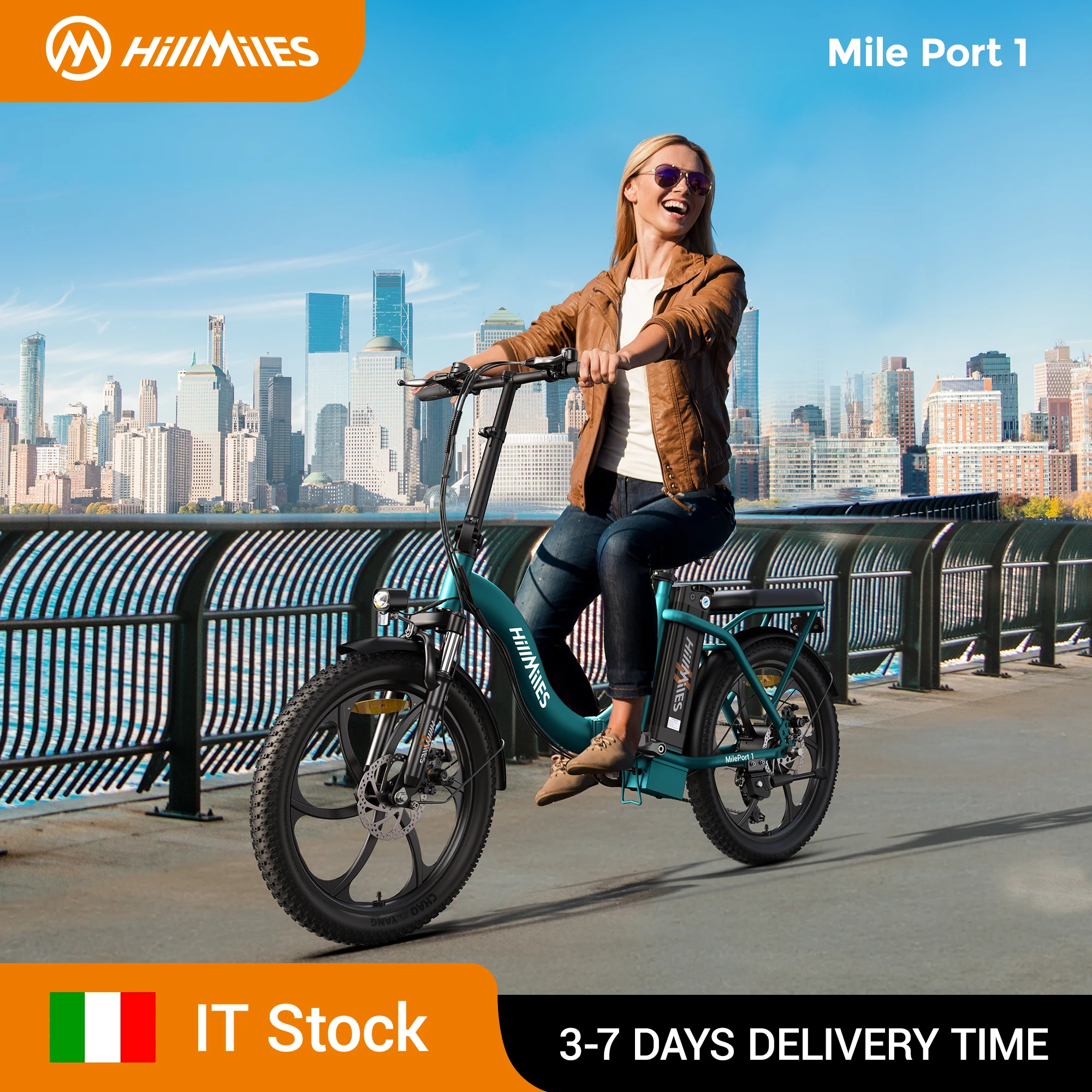 HillMiles MilePort Vélo Électrique Pliable, 20" × 3,0" Fat Tire E-bike, Moteur 250W, Batterie 36V 13Ah, Autonomie 120 km, 25 km/h, 7 Vitesses, Freins à Disque, Vélo Électrique Ville & Tout-Terrain,