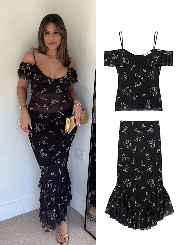 

HH Women Elegant Skirt Suit Sleeveless Backless Sexy Print Ruffles Mesh Strap Short Tops+Fashion Pleated Design Long Skirt