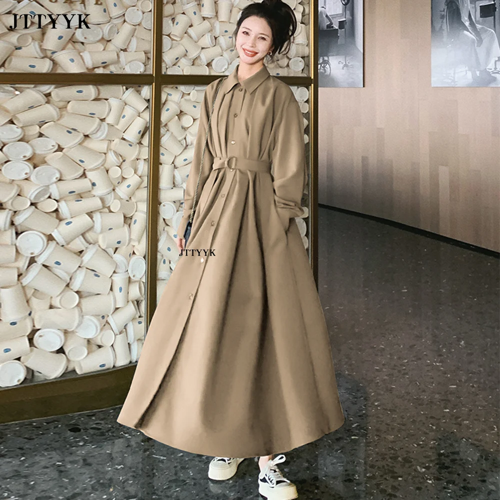 

Spring Autumn X-Long Trench Coats Female Grey khaki Windbreaker Dress Casual Loose Single Breasted Belted Vintage Women Overcoat