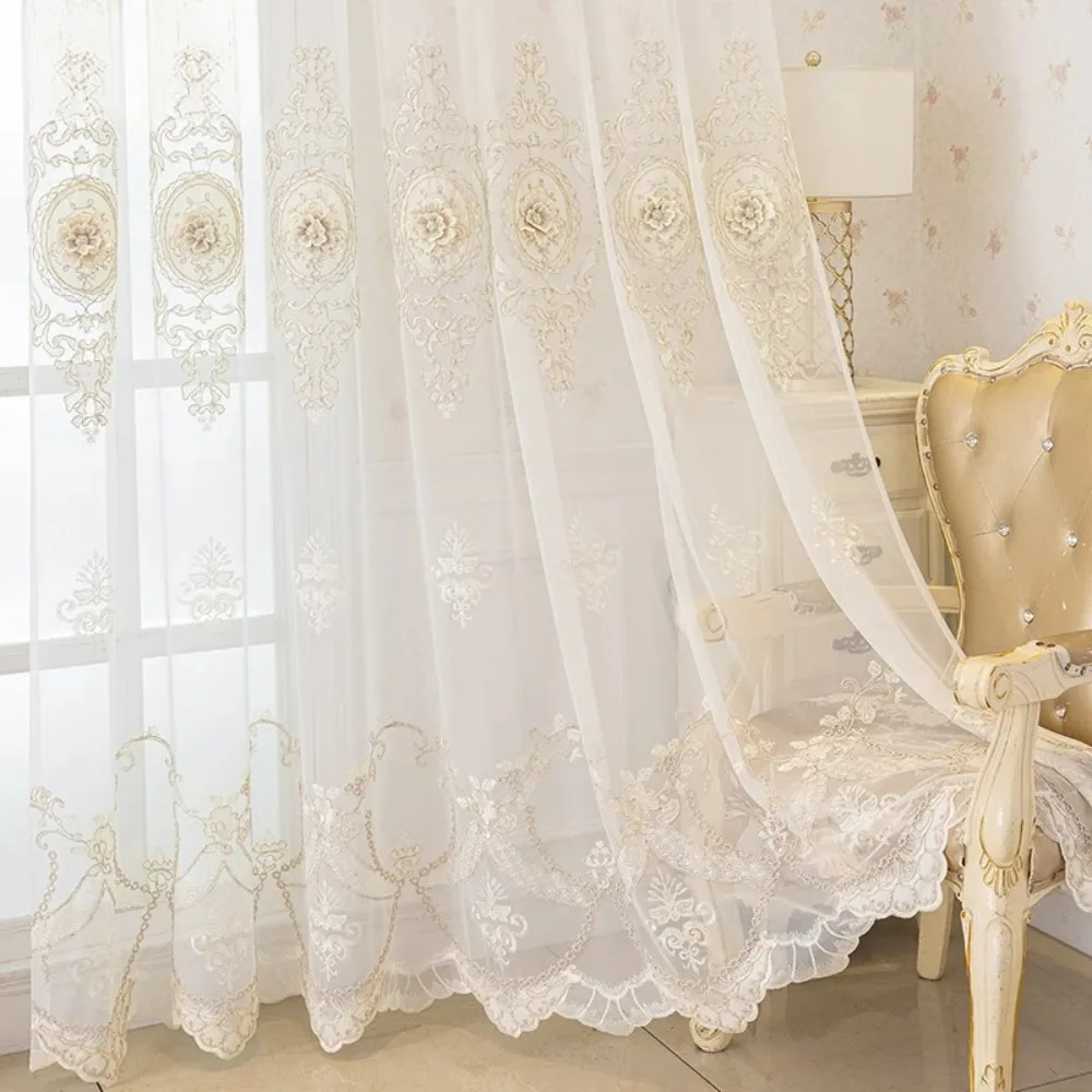 Leichte, luxuriöse, geprägte, weiße, durchsichtige Vorhänge im europäischen Stil für Wohnzimmer, Schlafzimmer, Tüll, bestickte Vorhänge, Garn, individuelle Größe