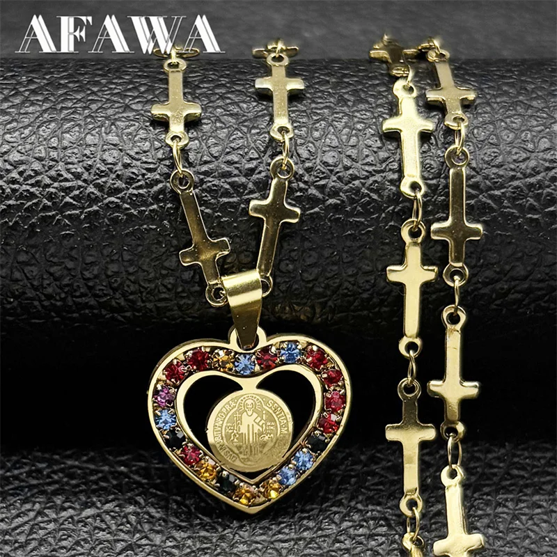 

Catholic Saint Benedict Heart Shape Pendant Necklace for Women Men Stainless Steel Gold Color Christian Prayer Chain Jewelry