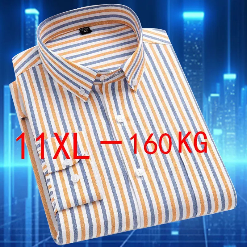 9XL 10XL 11XL Chunqiu Men\'s shirt 100% cotton plaid Oxford long-sleeved stripes Business casual non-ironing anti-wrinkle