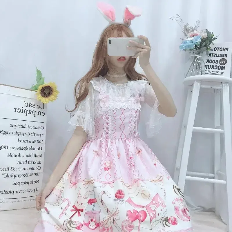 

CyJapanese Sweet JSK Lolita Dress Women Summer Cute Soft Sister Cartoon Print Girls Kawaii Cosplay Princess Suspender Dress 2025