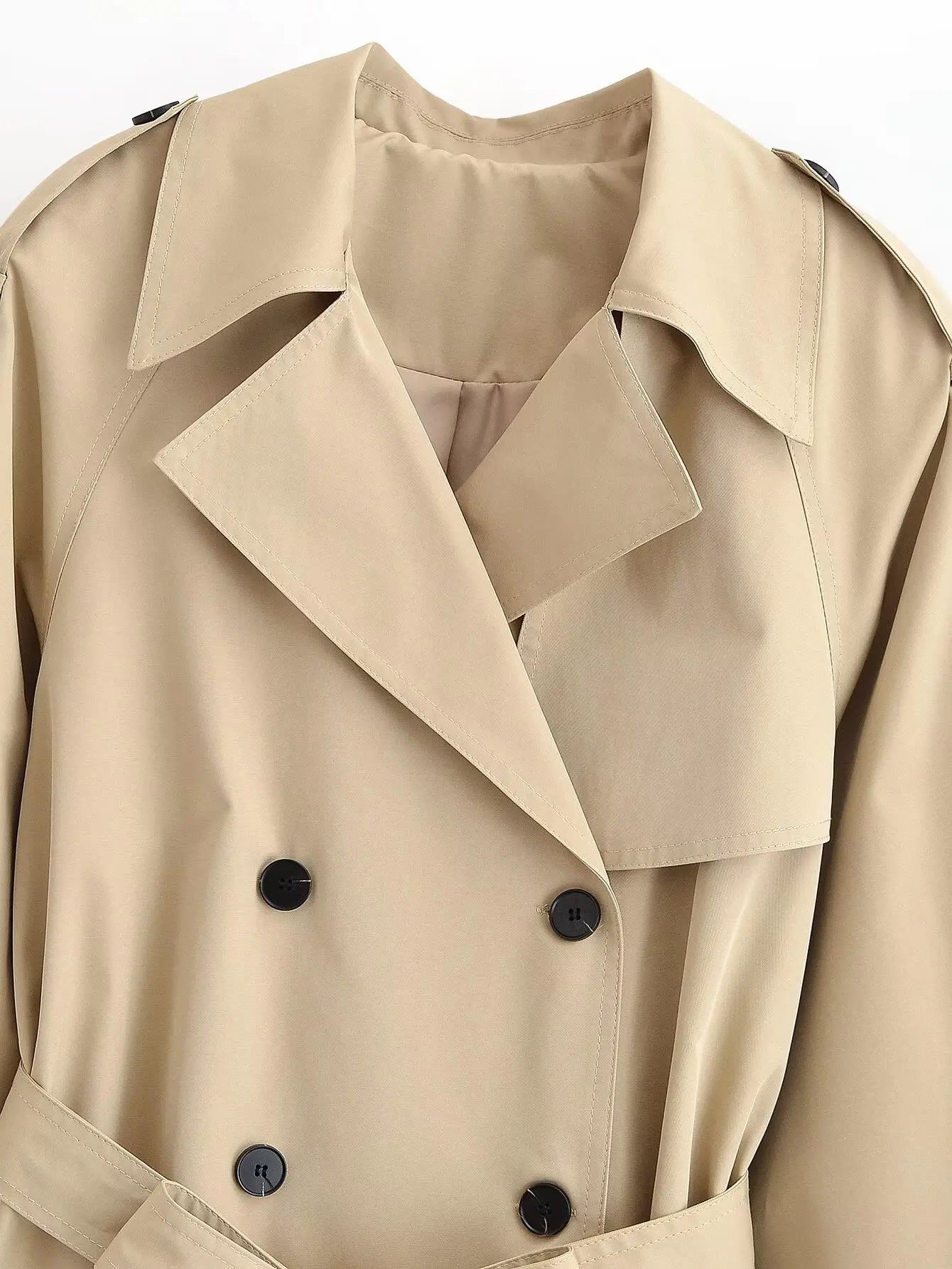 Damen Vintage Windbreaker-Jacke Frühling Damenjacke mit Reverskragen Doppelreihig Locker Geschnitten mit Gürtel Schicke Lässige Oberbekleidung – Detail 4