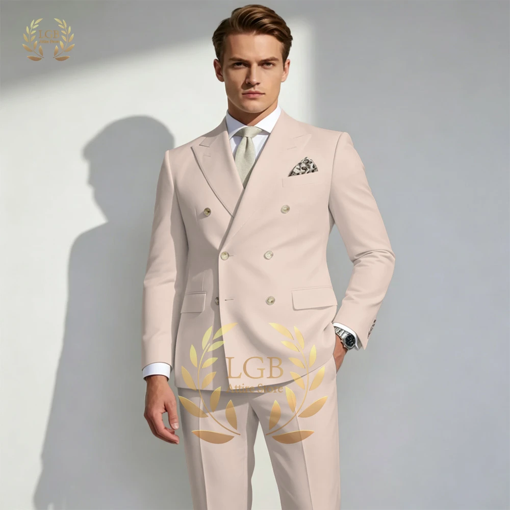 

Men's Beige Double Breasted Suit Set Slim Fit Wedding Groom Tuxedo Jacket Pants 2 Piece Formal Business Clothing