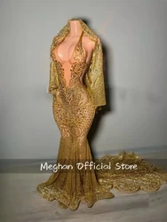 Gold Halter Long Prom Dresses For Black Girls Bead Crystal Rhinestone 2024 Birthday Luxury Dress Evening Gown Cape Customized