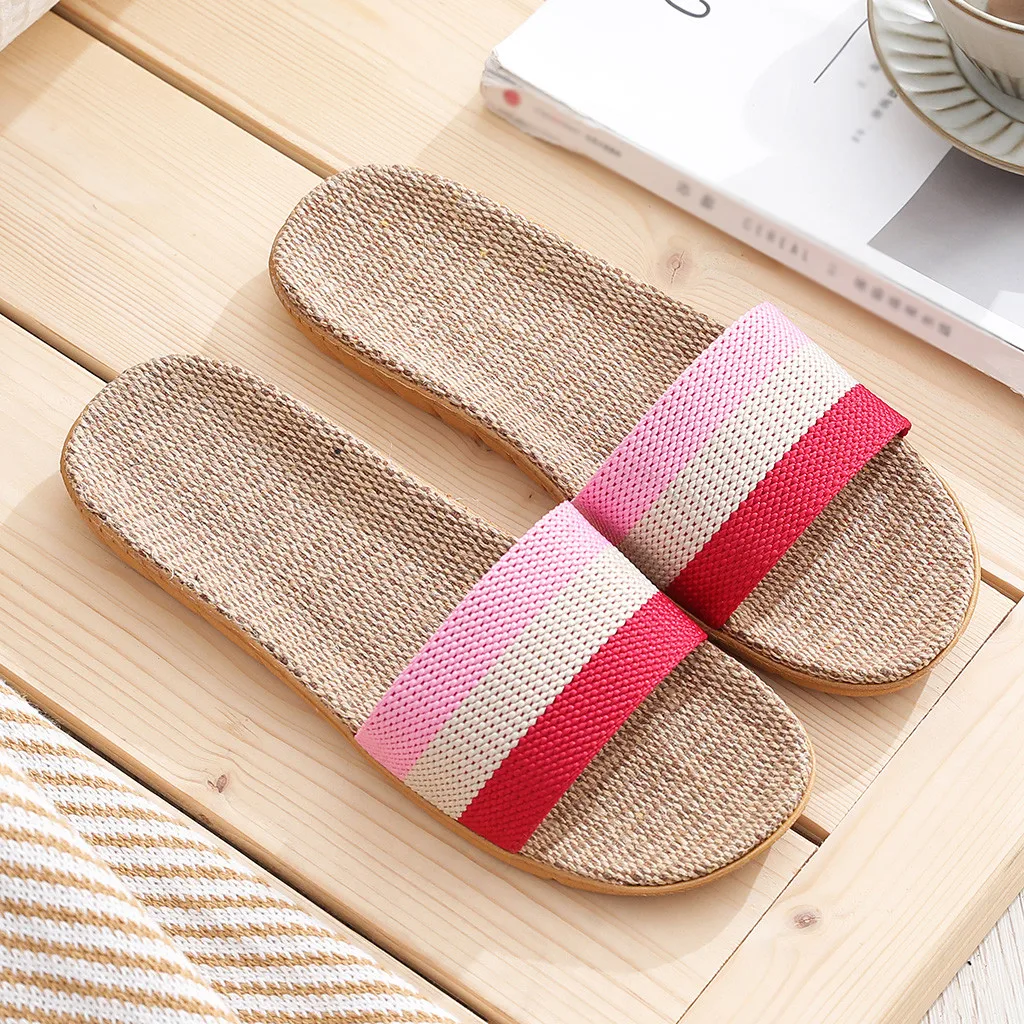 36-45 Plus Size Women\'s Slippers Flat Flax Sandals Linen Lightweight Casual Summer Slippers Women For Home Beach Slides