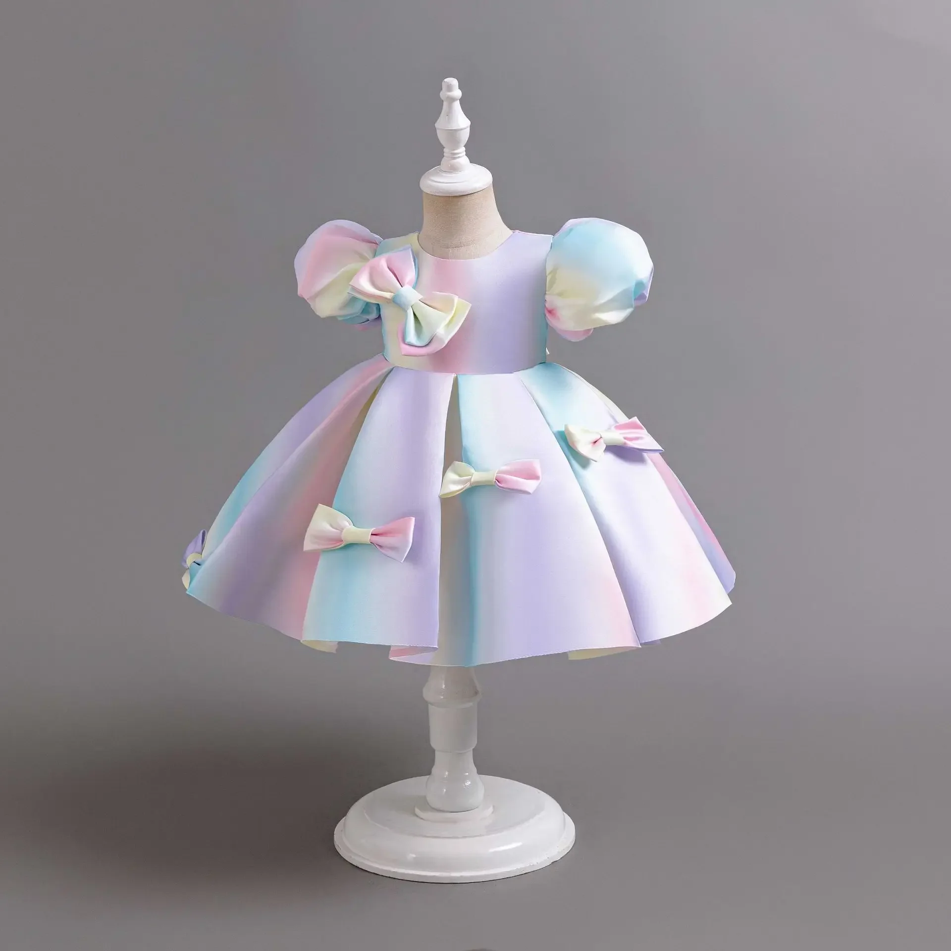 Gradient Kids Dresses for Party Wedding Purple Bowknot Kids Princess Formal Ball Gown Pleat Stain Child Frocks 1 2 4 6T